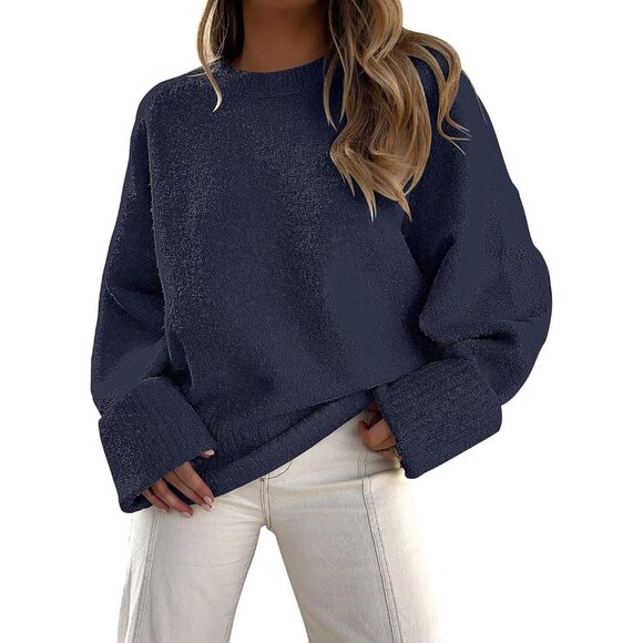 Women's Oversized Sweater Fuzzy Navy Blue Long Sleeve Casual Chunky Pullover - Picture 1 of 8